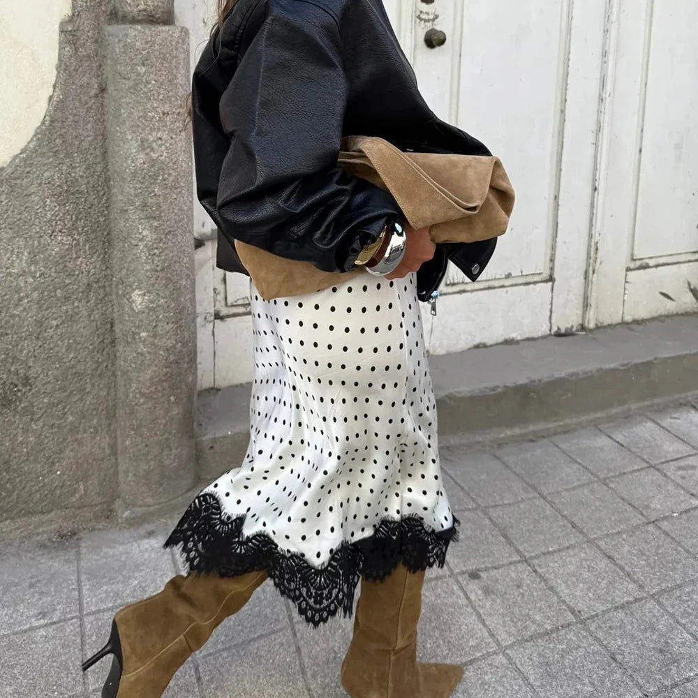 Rosemary Polka Dot Lace Trim Midi Skirt