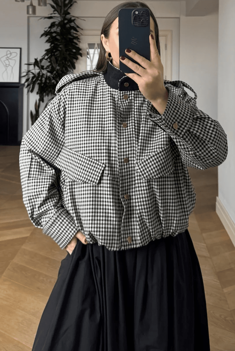 ZEYA - Lisa High Neck Checked Bomber Jacket
