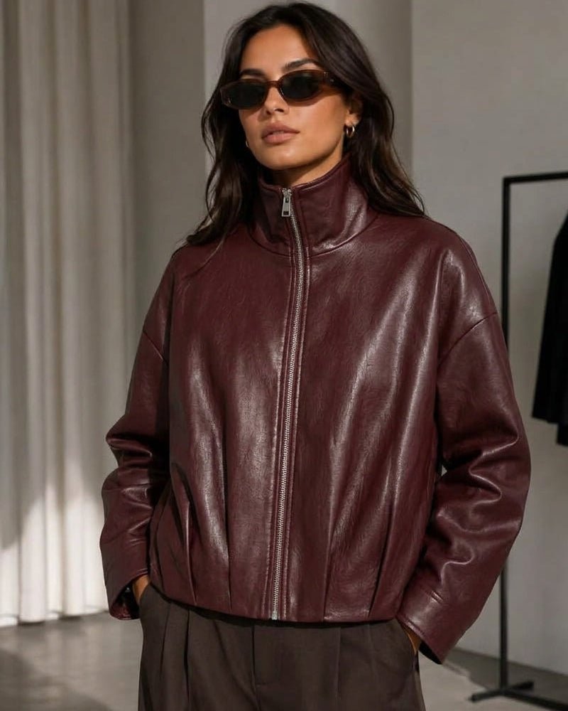 ZEYA - Mary Funnel Neck Faux Leather Biker Jacket