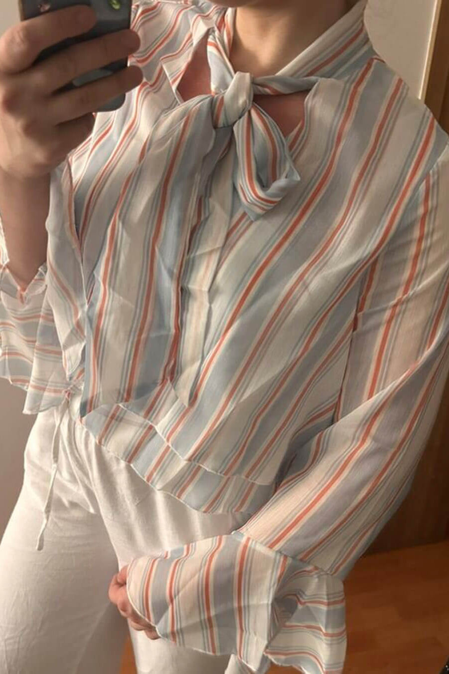 ZEYA - Sandra Stripe Ruffle Tie-Neck Blouse