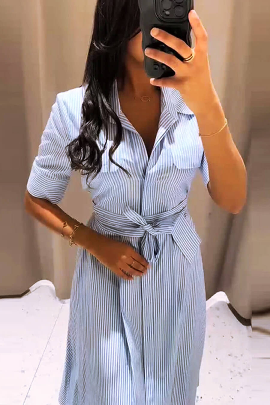 ZEYA - Winona Striped Lace-Up Collar Maxi Dress