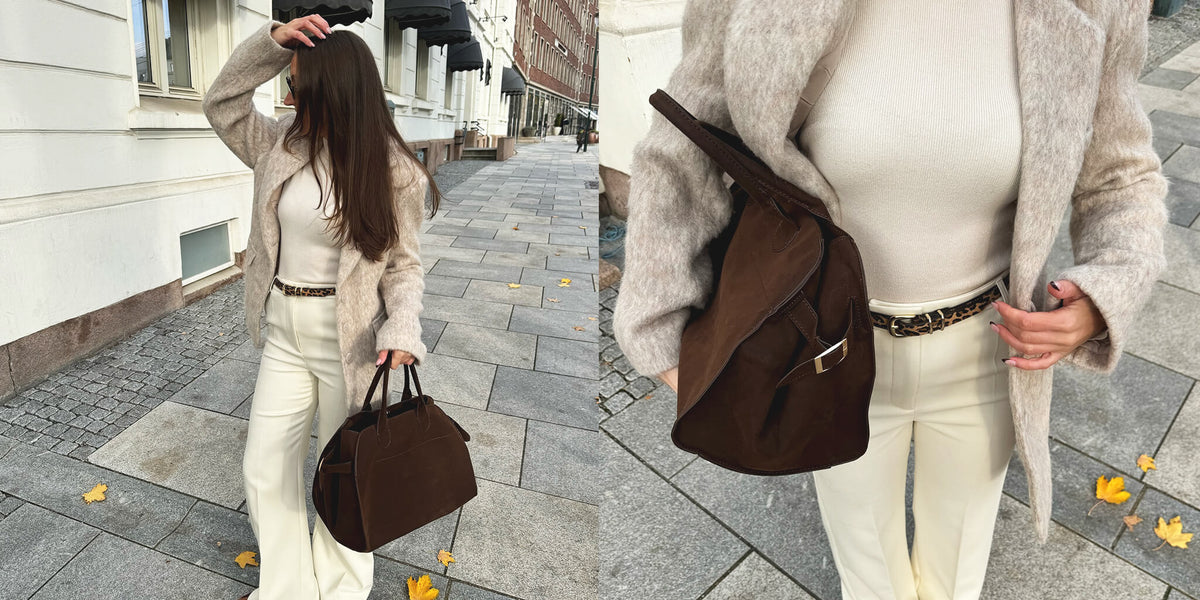 Streetstyle in Creme-Tönen mit brauner Handtasche, als komplettes Outfit und in Nahaufnahme gezeigt.