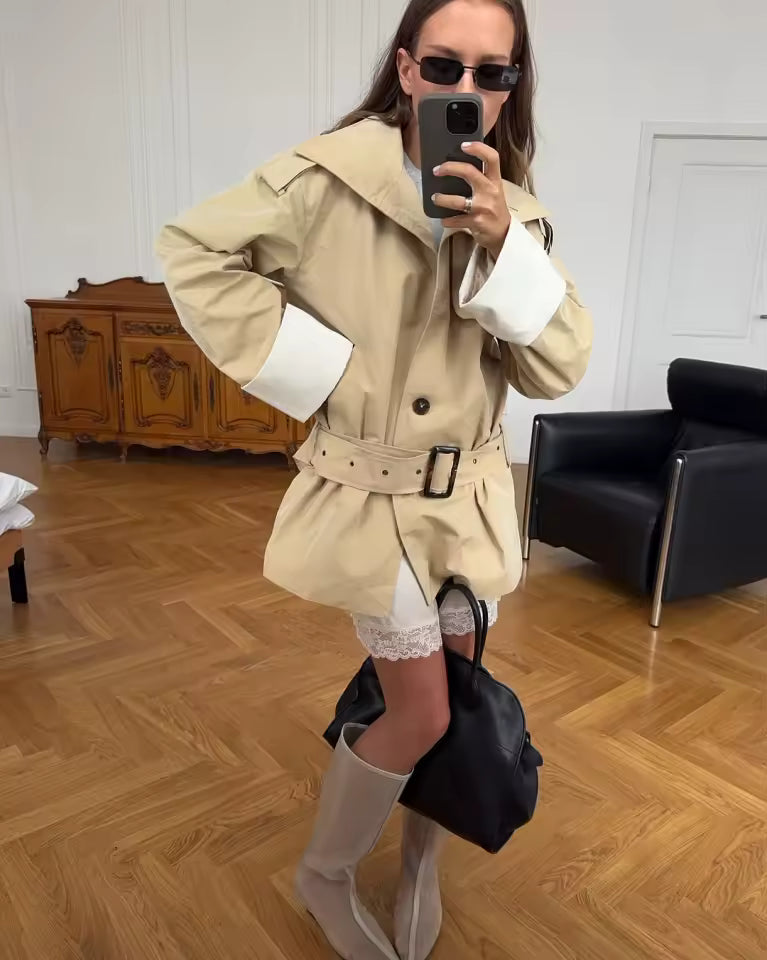 Evelyn Contrast Cuffs Belted Trench Coat