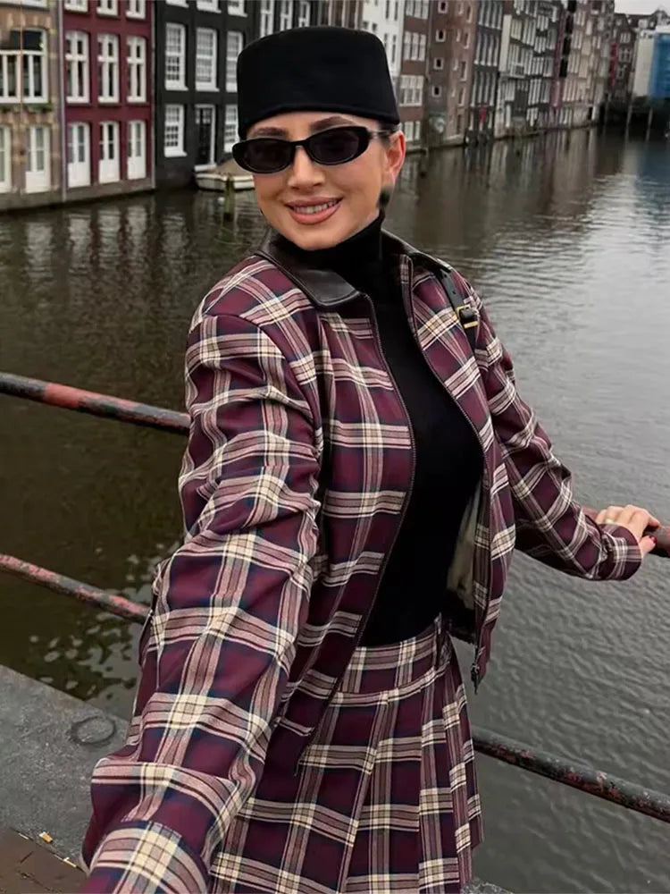 Denise Check Bomber Jacket Skort Set