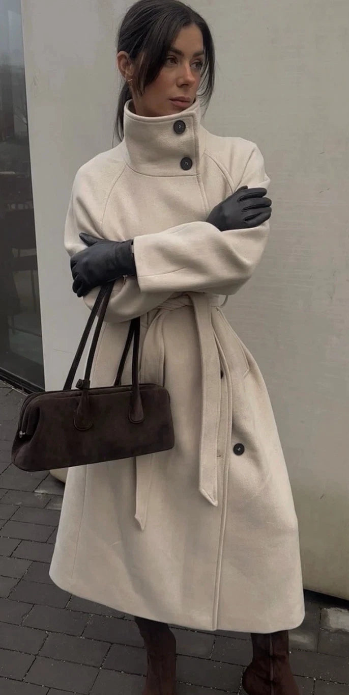 Feline Long Belted High Collar Coat