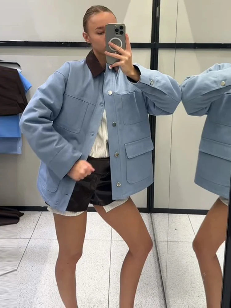 Casual Blue Women's Jacket with Multiple Patch Pockets, Corduroy Collar, Single Breasted, Chic Spring Coat for Women 1