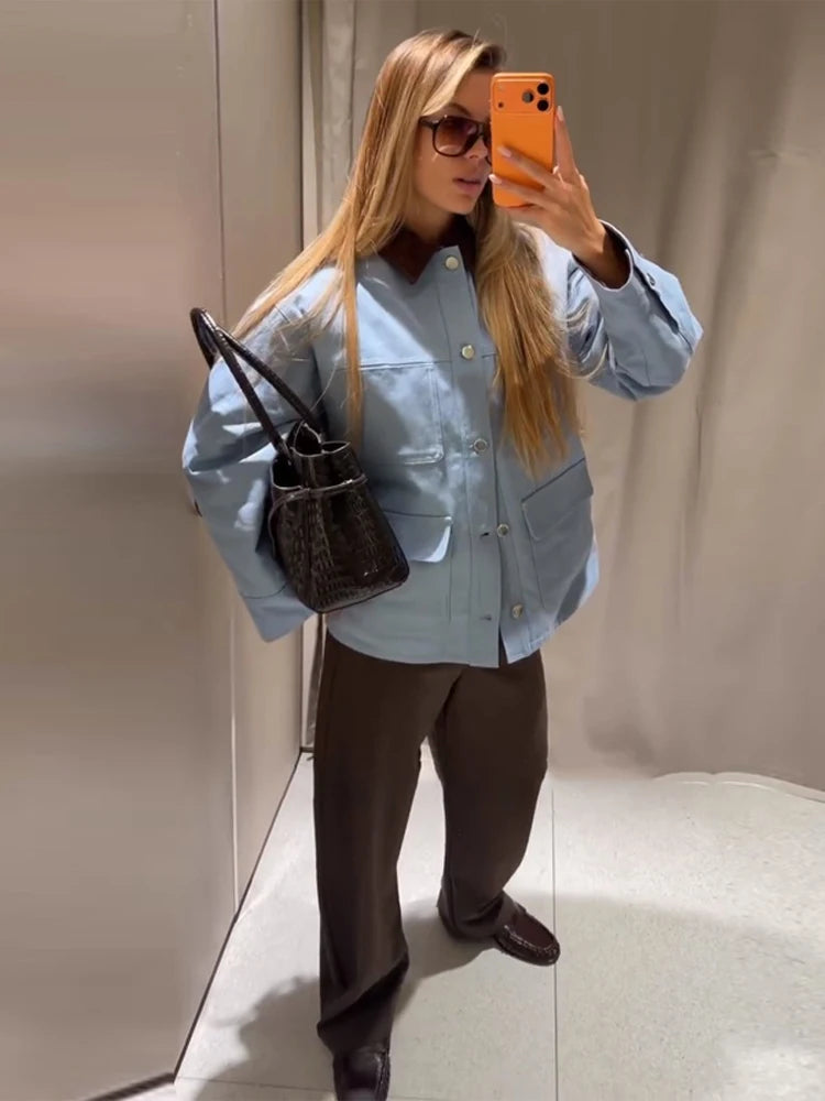 Casual Blue Women's Jacket with Multiple Patch Pockets, Corduroy Collar, Single Breasted, Chic Spring Coat for Women 3
