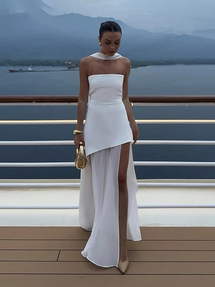 Sophia asymmetrisches transparentes Maxikleid