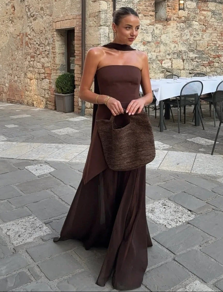Sophia asymmetrisches transparentes Maxikleid