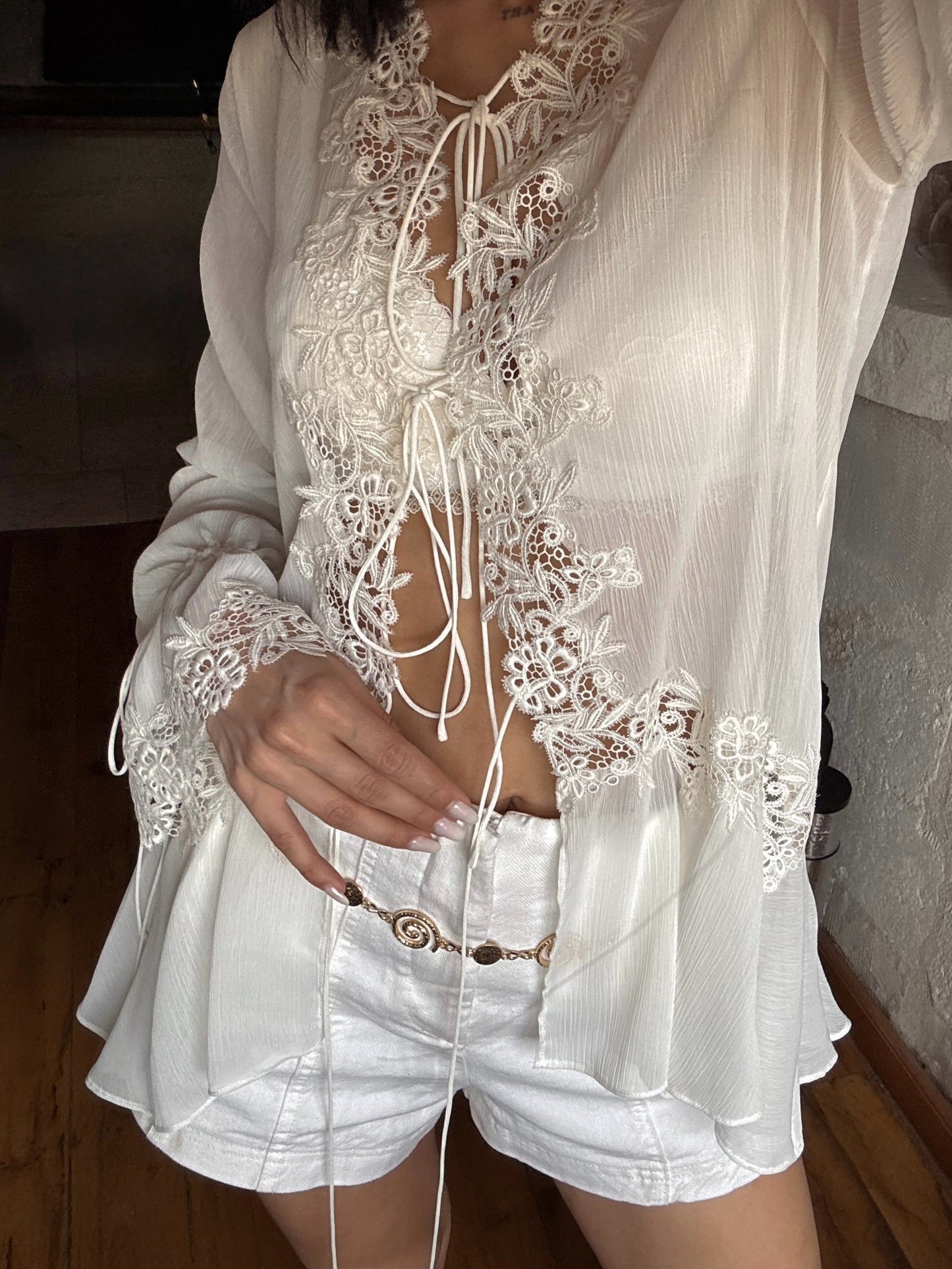 Halle Front-Tie Lace Appliqué Top