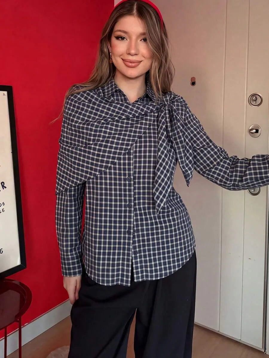 Nicole Plaid Scarf-Tie Shirt