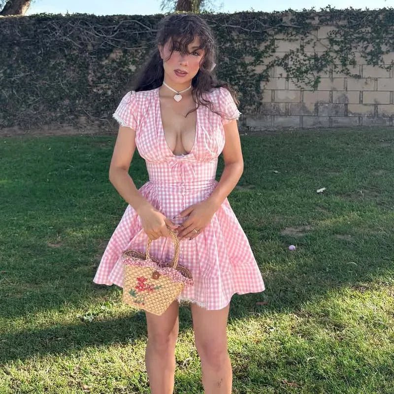 Vesna Minikleid mit rosa Karomuster und Schleife