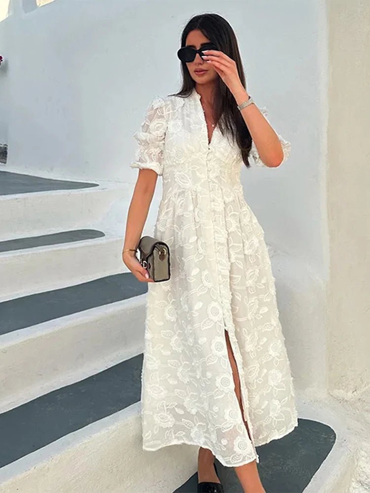 Teresa Embroidered Lace V-Neck Midi Dress