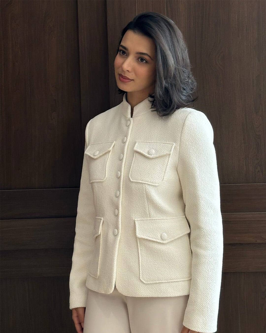 Anna Stand Collar Flap Pockets Blazer