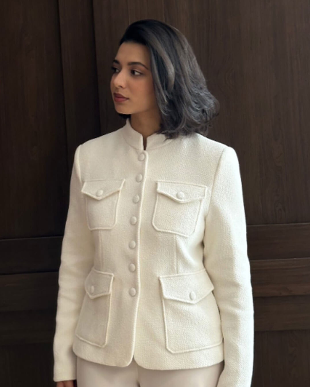 Anna Stand Collar Flap Pockets Blazer
