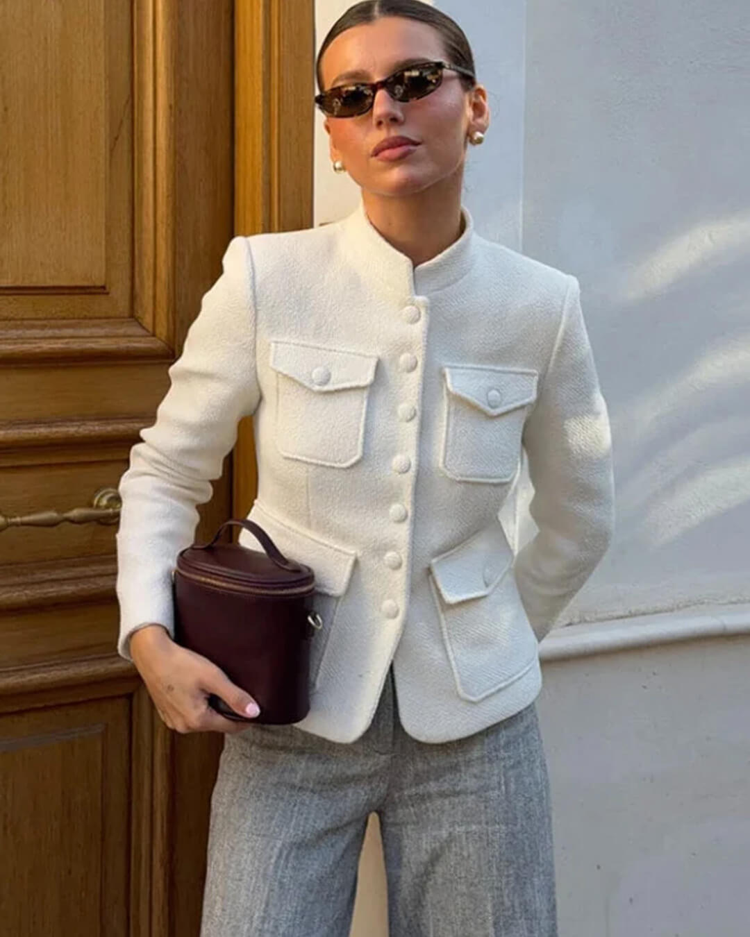 Anna Stand Collar Flap Pockets Blazer