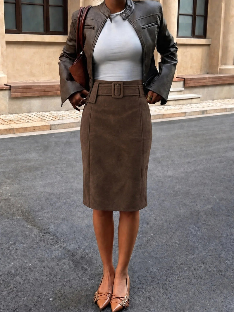 Clara Belted Faux Suede Midi Skirt