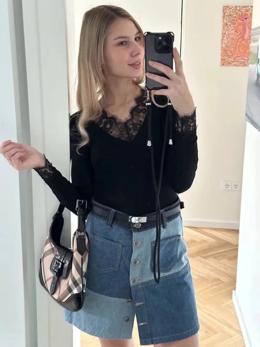 Sarah Spitzen-V-Ausschnitt Freizeit-Top