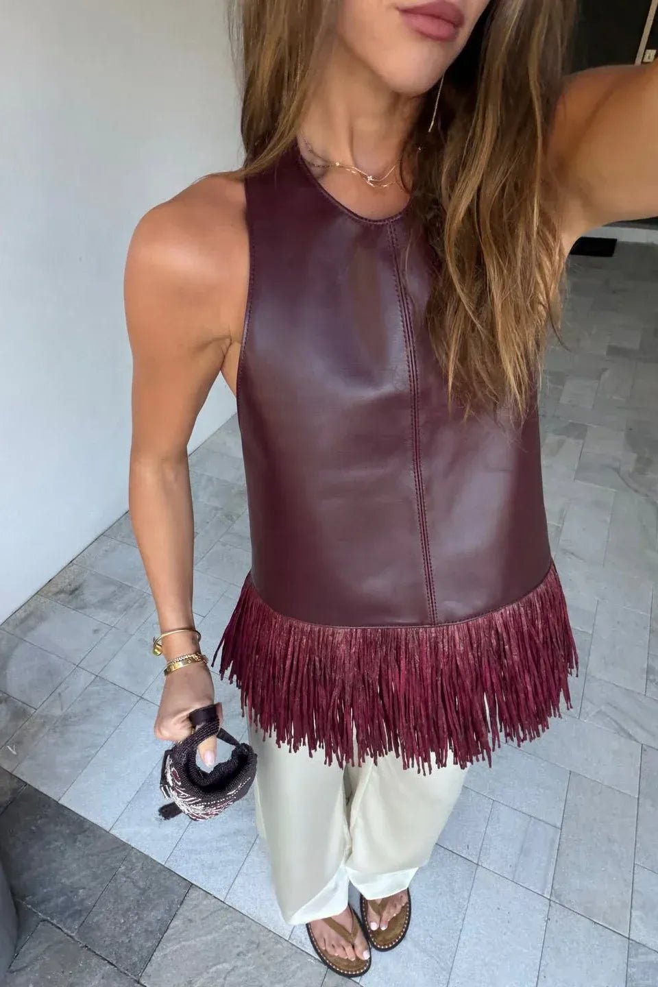 Gina Haltertop aus Kunstleder mit Fransen