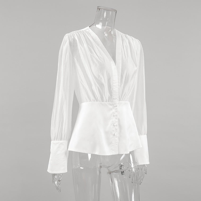 Lydia Deep Neck transparente Blusenhemd mit Knöpfen