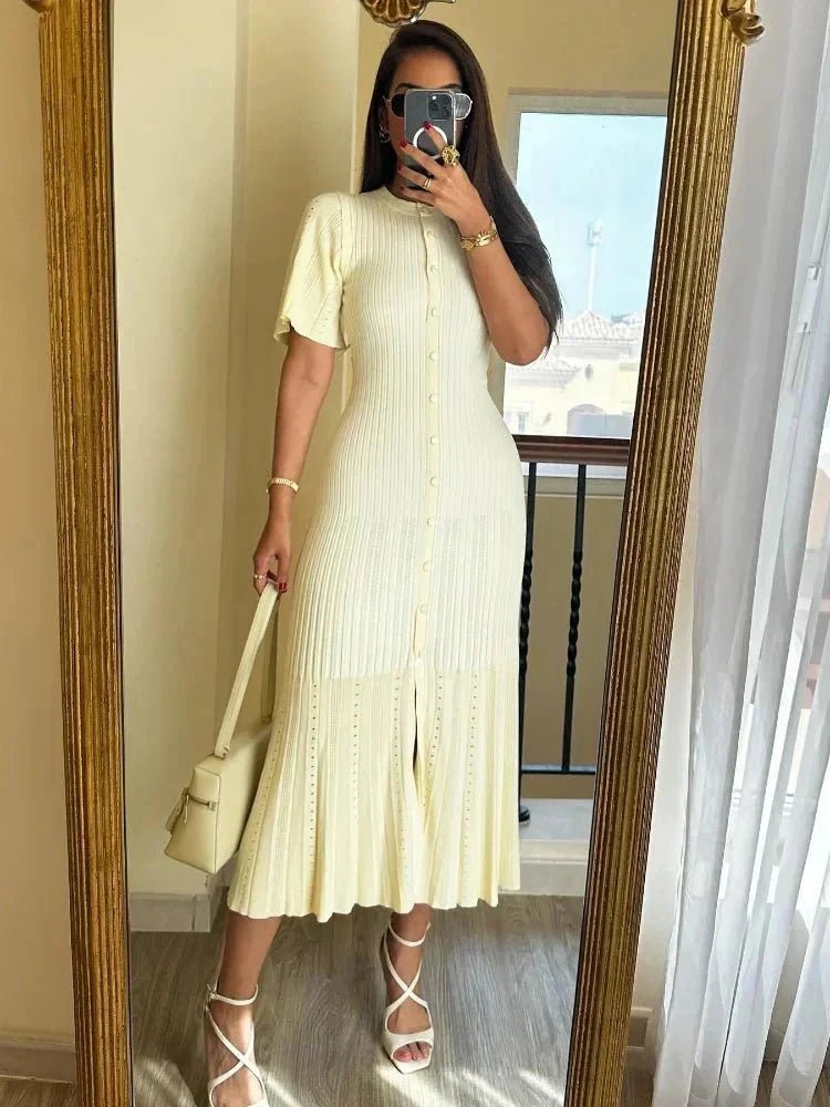 ZEYA - Azure Bell Sleeve Pleated Knit Midi Dress