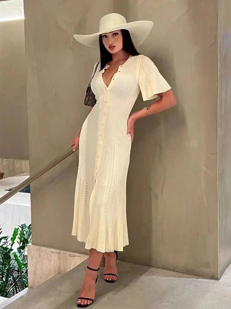 ZEYA - Azure Bell Sleeve Pleated Knit Midi Dress