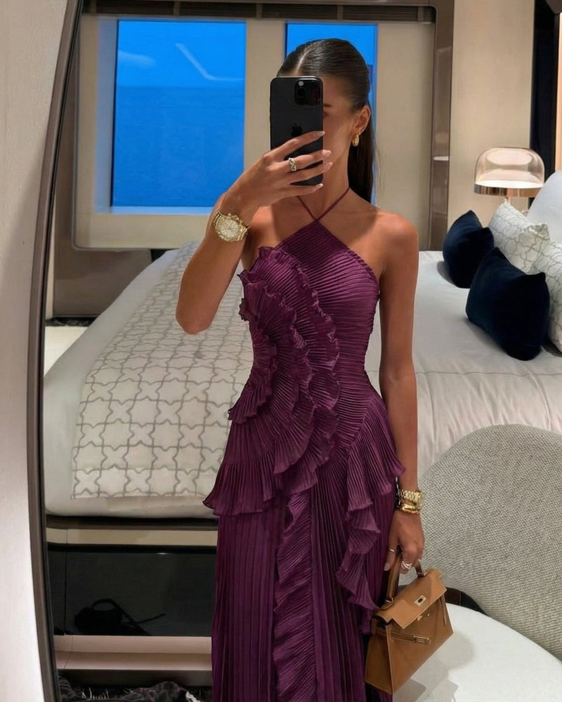 ZEYA - Bayley Halter Pleated Ruffle Maxi Dress