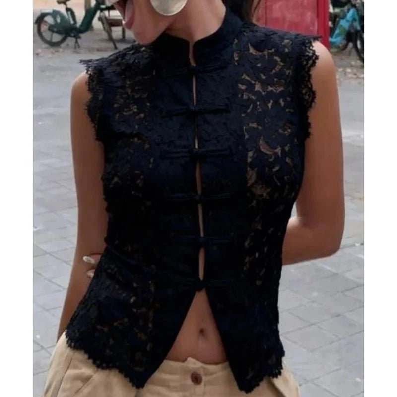 ZEYA - Celeste Sheer Lace Mandarin Collar Blouse