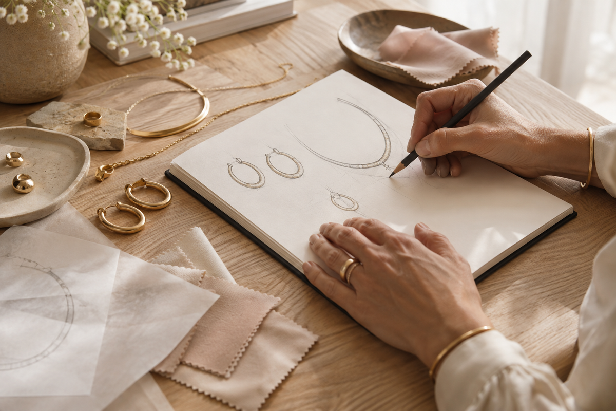Mit KI erstellte Illustration von Händen, die an einem Arbeitstisch Schmuck entwerfen.