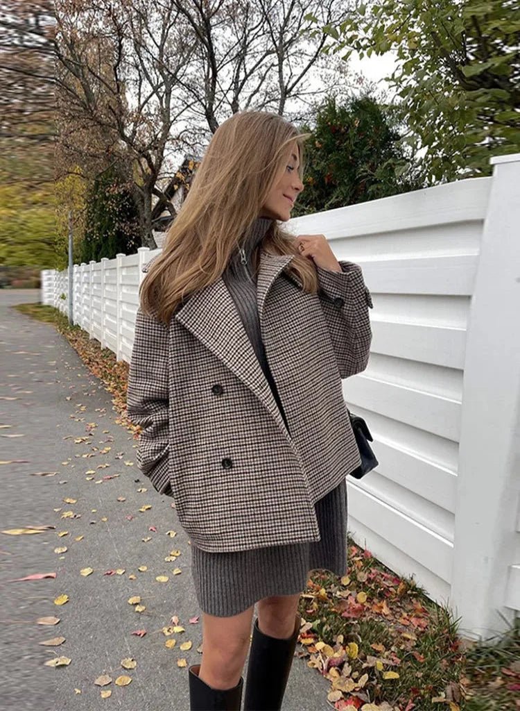 ZEYA - Emilia Houndstooth Buttoned Stand Collar Jacket