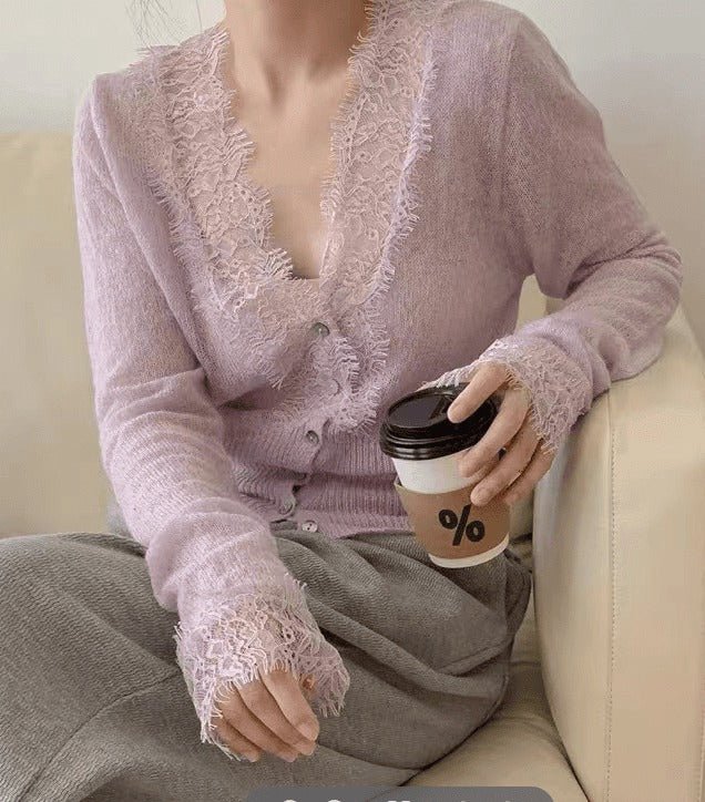 ZEYA - Emma V-Neck Lace Trim Cardigan