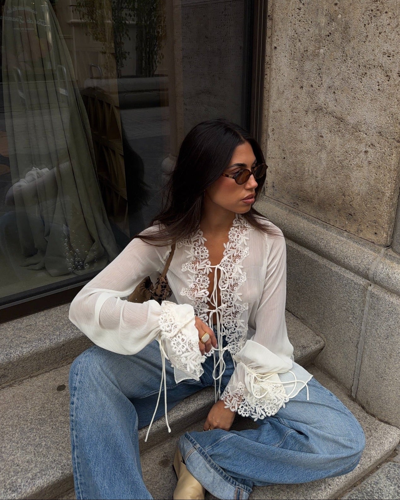 ZEYA - Halle Front-Tie Lace Appliqué Top