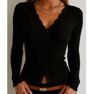 Teresa Spitzenbesatz Rippen-Knopfbluse