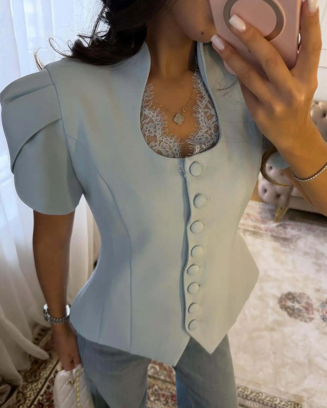 Leah Button Front Stand Collar Top