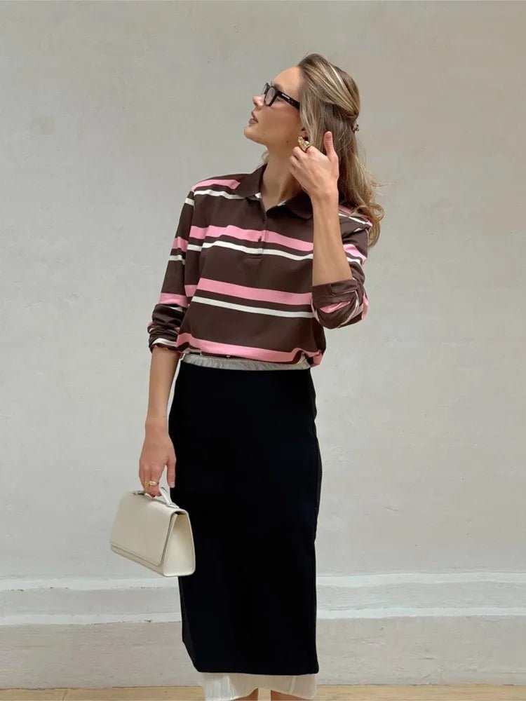 ZEYA - Laura Striped Polo Long Sleeve Top
