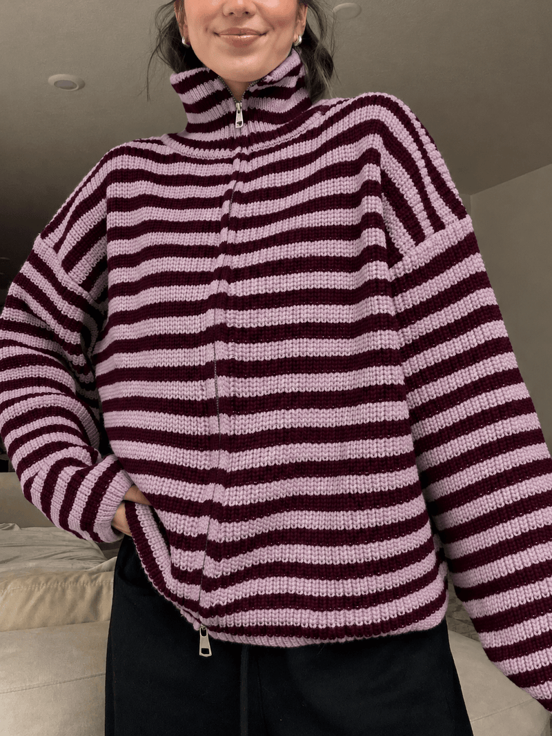 ZEYA - Leah Striped Knit High-Neck Sweater