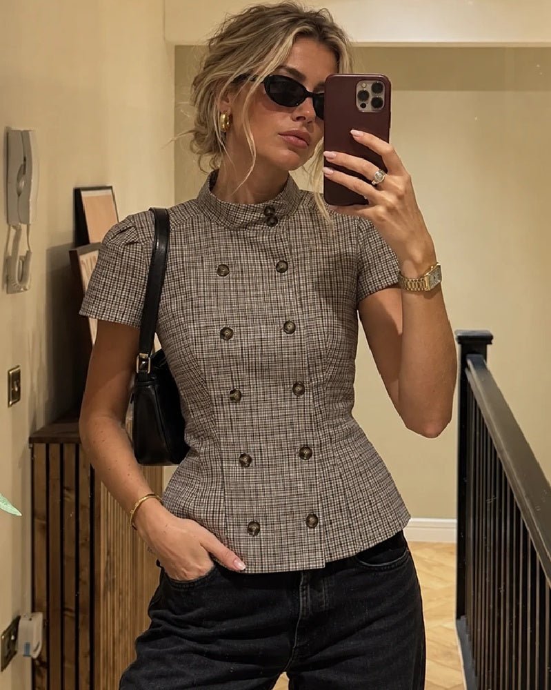 ZEYA - Lola Plaid High Neck Fitted Blouse