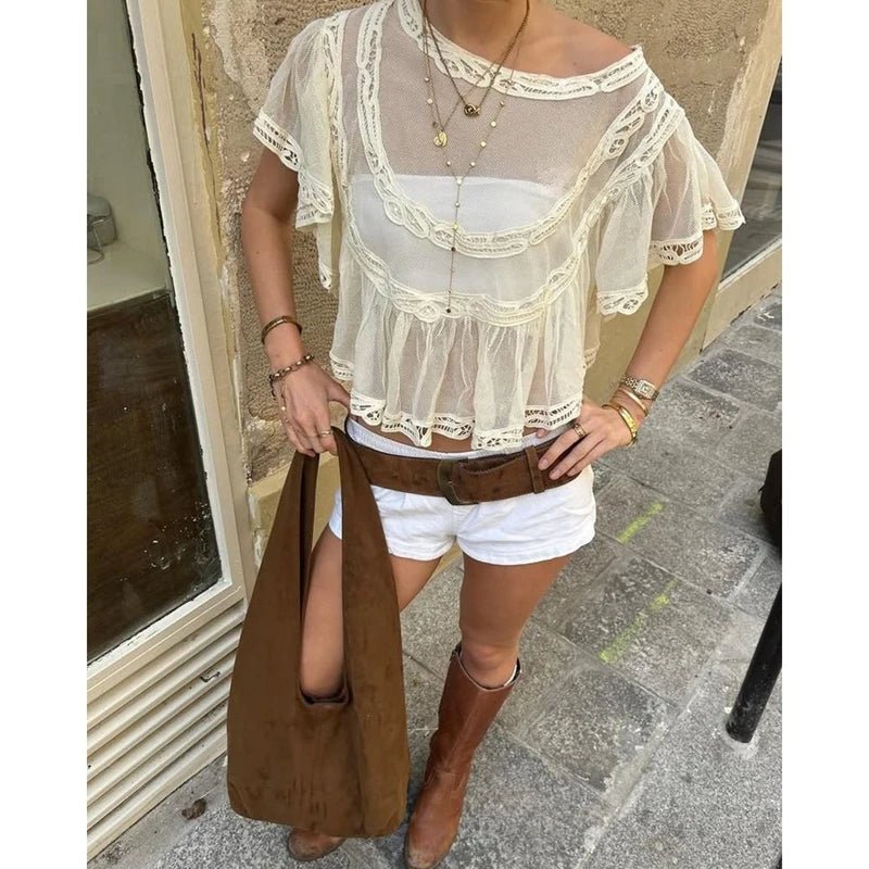 ZEYA - Maia Sheer Chiffon Lace Trim Crop Blouse