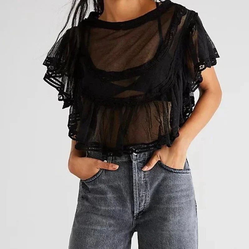 ZEYA - Maia Sheer Chiffon Lace Trim Crop Blouse