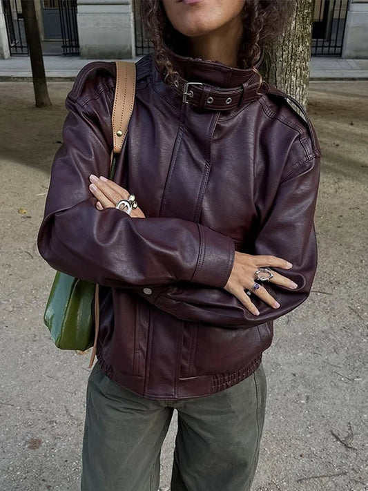 ZEYA - Ophelia Stand Collar Leather Jacket