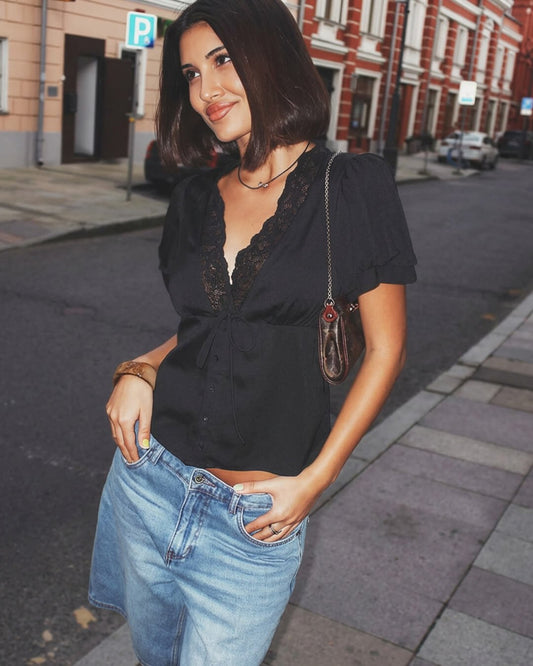 ZEYA - Roselle Lace Short Sleeve V - Neck Top