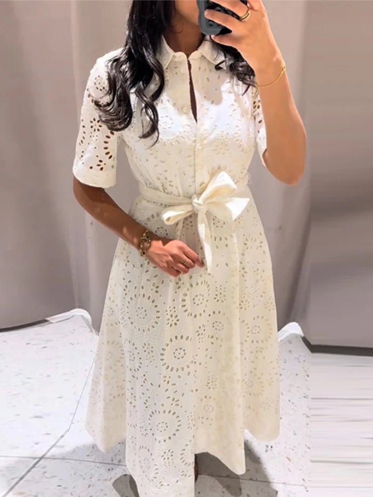 ZEYA - Rosie Embroidered Belted Midi Dress