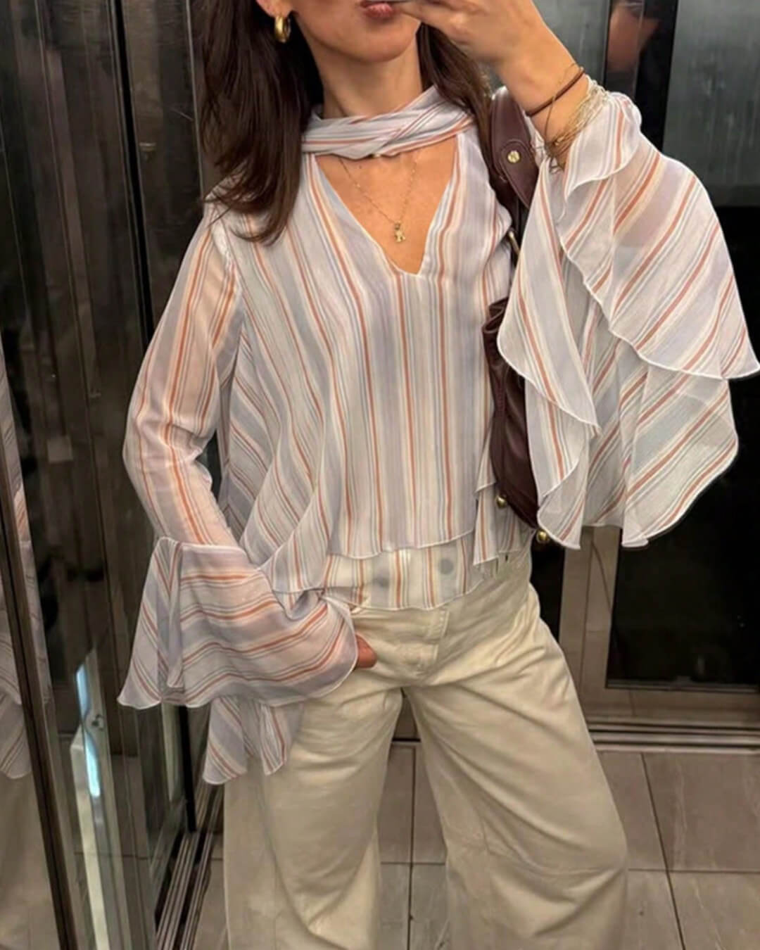 ZEYA - Sandra Stripe Ruffle Tie-Neck Blouse