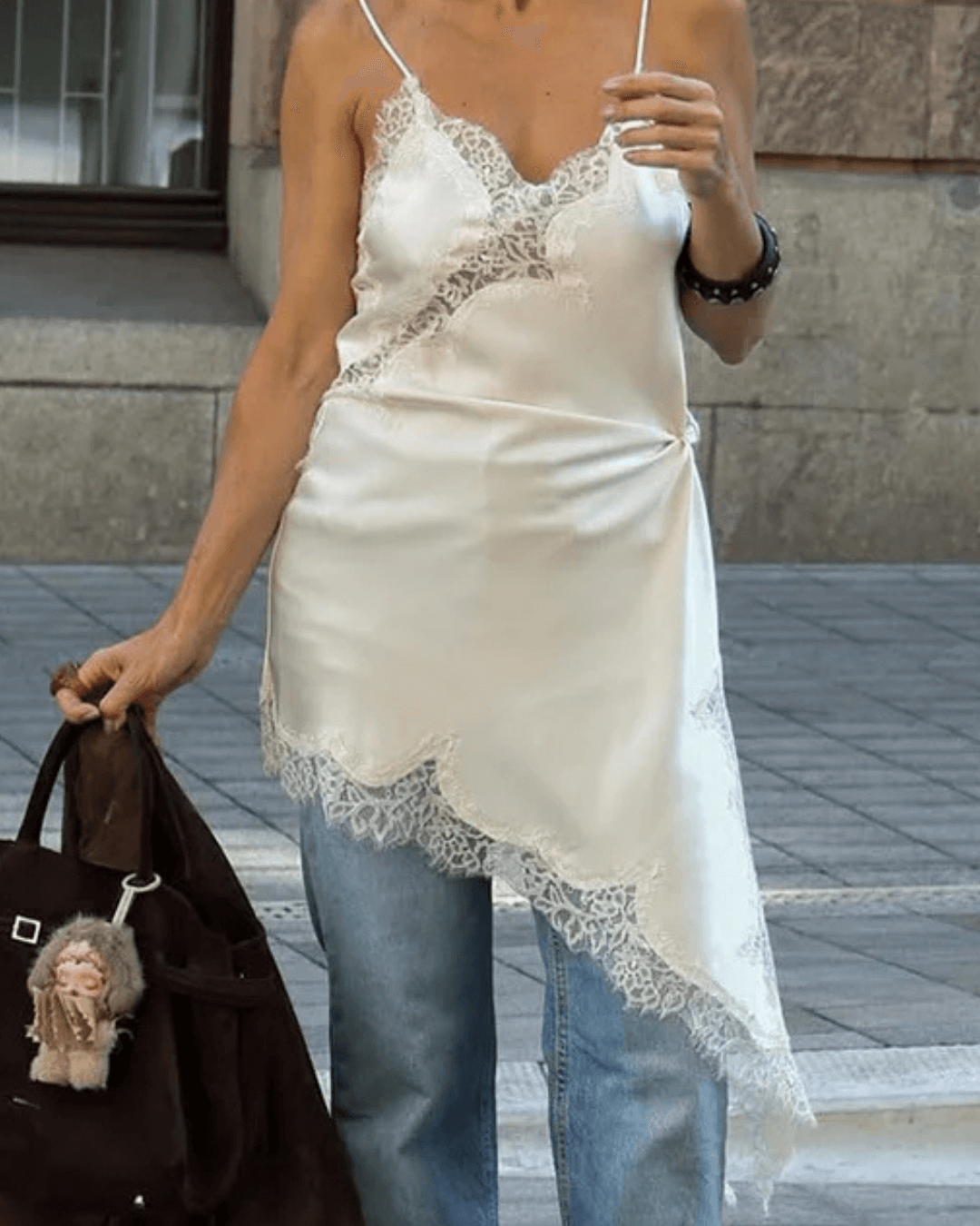 ZEYA - Sophia Asymmetric Satin Lace Midi Dress