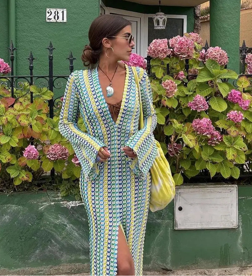 ZEYA - Sophia Crochet Stripe Flare Sleeve Maxi Dress