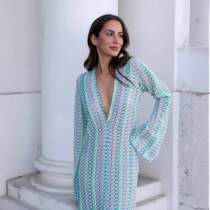 ZEYA - Sophia Crochet Stripe Flare Sleeve Maxi Dress