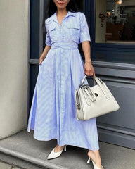 Winona Gestreiftes Maxi-Kleid mit Schnürkragen